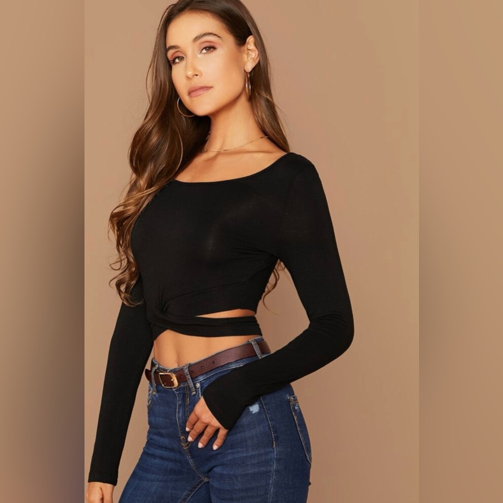 SHEIN Black Crisscross Cut Out Long Sleeve Crop Top Sz XS & S LIKE NEW - Picture 3 of 6